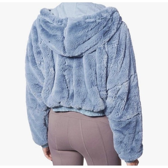 Free People Movement Love It Jacket Hooded Crop Faux Fur Blue Large - Picture 2 of 11